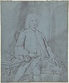 Three-quarter length portrait study of a man seated at a desk with a dog, Joseph van Aken  Flemish, Black and white chalk, stumping, brown ink and graphite on blue laid paper, squared in graphite
