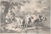 Peasants with Cattle and Sheep, Adriaen van de Velde  Dutch, Black chalk, brush and gray wash