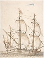 Old Ship Model, Willem van de Velde I Dutch, Pen and brown ink, brush and brown wash, over black and red chalk