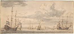 Dutch Ships in a Bay, Willem van de Velde II (Dutch, Leiden 1633–1707 London), Pen and brown ink, brush and gray wash, over black chalk
