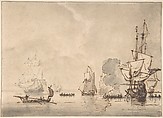 A Frigate at Anchor, Saluting a Nearby Yacht, Willem van de Velde I Dutch, Black chalk, pen and brown ink, brush and gray wash