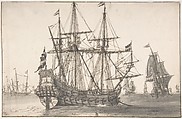 Dutch Men of War at Anchor, Willem van de Velde I Dutch, Pen and brown-black ink, brush and gray wash, over black chalk; framing lines in pen and brown-black ink