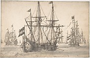 Dutch Men of War at Anchor, Willem van de Velde I Dutch, Pen and brown ink, brush and brown wash, over black chalk; framing lines in pen and brown ink