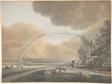 Landscape with a Rainbow over a Farmhouse and Distant Village, Vincent Jansz. van der Vinne Dutch, Watercolor over black chalk