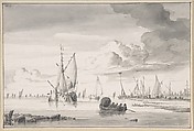 Various Ships and a Rowing Boat on an Estuary, Wigerus Vitringa  Dutch, Black chalk, brush and black and gray wash