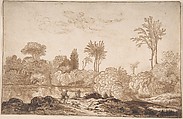 River Landscape with Traveler, Cornelis Vroom (Dutch, Haarlem 1591–1661 Haarlem), Pen and brown ink, touches of brush and brown wash; framing lines in pen and brown ink