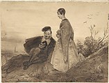 Man and woman in a landscape (Faust and Marguerite), Richard Parkes Bonington  British, Pen and brown ink, brush and brown wash, over traces of graphite