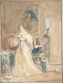 The Proposal (recto); Unfinished drawing of a horse and rider (verso), Richard Parkes Bonington British, Watercolor over graphite (recto); graphite (verso)