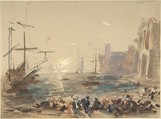 Seaport after Claude Lorraine (recto); Indecipherable sketch (verso), Hercules Brabazon Brabazon  British, Watercolor and gouache (bodycolor) over graphite