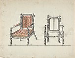 Two Carved-Wood Armchairs, Anonymous, French, 19th century  French, Pen and ink, wash and watercolor, with traces of graphite on laid paper