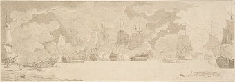 Sea Battle, Anonymous, Dutch, 17th century ? Dutch, Pen and brown ink; framing lines in pen and brown ink