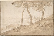 Landscape near Rome (recto); Fountain (verso), Anonymous, Dutch, 17th century, Pen and brown ink, brush and brown wash over traces of black chalk; framing lines in pen and brown ink; verso: pen, brown ink and some brush and brown wash over black chalk