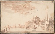 River Scene, Anonymous, Dutch, 17th century  Dutch, Red chalk and gray wash, framing line in black ink.