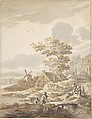Landscape with Windmill, Anonymous, Dutch, 18th century ?, Pen and brown ink, brush and gray and brown wash, over graphite; framing lines in pen and brown ink
