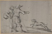Two Figures and a Dog, Anonymous, Dutch, 17th century (?), Black chalk touched with white chalk on gray paper.