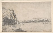 Landscape with River, Anonymous, Dutch, 17th century  Dutch, Black chalk, brush and gray wash, touched with red and yellow chalk.