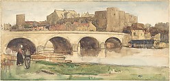 View of a Bridge at Angers, Sir David Young Cameron  British, Scottish, Watercolor and black chalk over graphite