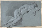 Reclining Female Nude, Govert Flinck  Dutch, Black chalk, heightened with white, on blue paper