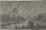 Moonlit view of a river with fishermen and a town in the background, Karel la Fargue  Dutch, Pen and black ink, brush and black and gray wash, over black chalk and red and yellow chalk on blue paper; framing lines in pen and black ink