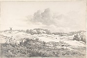 Wooded Dune Landscape near Haarlem, with Windmill and a Pair of Figures, Gerrit Jan Michaëlis  Dutch, Black chalk and gray wash