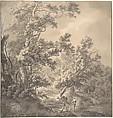 Landscape with a House Hidden Between Trees and Two Men Near a Small Bridge, Franciscus Andreas Milatz  Dutch, Black chalk and brush and gray ink and wash, within black ink framing lines