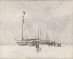 Fishing Boats on the Beach in Winter, Anton Mauve (Dutch, Zaandam 1838–1888 Arnhem), Black chalk, watercolor, some white bodycolor; framing lines in black chalk