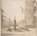 A View of the Piazza del Duomo, Messina, with the Fountain of Orion, the Cathedral to the right, Willem Schellinks (Dutch, Amsterdam 1623–1678 Amsterdam), Black chalk, pen and brown ink, brown wash
