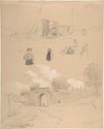 Study Sheet with Figures and Landscapes at Arnemuiden (near Middelburg, The Netherlands), Pierre Louis Dubourcq Dutch, Graphite, watercolor, and some white bodycolor