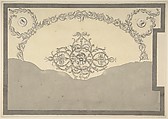 Design for a Chimneypiece with a Classical Cornice, for Ampthill Park, Bedfordshire, Dining Room, Sir William Chambers (British (born Sweden), Göteborg 1723–1796 London), Pen and black ink, brush and wash, touches of watercolor