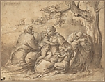 The Holy Family with Saint Elizabeth and the Infant John the Baptist, Polidoro da Caravaggio (Italian, Caravaggio ca. 1499–ca. 1543 Messina), Pen and brown ink, brush and brown and grayish brown wash over black chalk with white heightening, traces of squaring in pen and brown ink (especially evident at lower right and lower left).