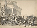 An Italian City with a Crowd Watching Actors in an Outdoor Theater, Hendrick Verschuring Dutch, Pen and brown ink, brush and gray wash, over black chalk; framing lines in black lead
