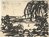 A blot-lake with boat, surrounded by trees, Alexander Cozens  British, Graphite, brush and black ink