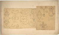 Door Knockers and Mounts from Rouen Cathedral, Goodwich Court, etc. (recto and verso), John Gregory Crace , and Son British, Pen and black ink and graphite (recto); graphite (verso)