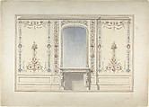 Elevation of Fireplace Wall in an Elizabethan Revival Room, John Dibblee Crace British, Pen and black and brown ink, watercolor over graphite
