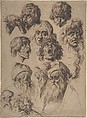 Study of Eleven Heads, Jacques de Gheyn II (Netherlandish, Antwerp 1565–1629 The Hague), Pen and three shades of brown ink with black chalk on laid paper; framing lines in brown ink and graphite