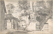 Courtyard of a Farmhouse, Thomas Wijck  Dutch, Brush and gray wash over black chalk