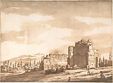 Italian Landscape, perhaps the Monte Mario, Rome, Jacob van der Ulft Dutch, Pen and brown ink, brush and brown and gray wash; framing lines in pen and brown ink
