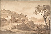 Italianate River Landscape with an Inn, Gaspar Adriaensz. van Wittel Dutch, Pen and brown ink, brush and brown wash, over red chalk; traces of framing lines in pen and brown ink