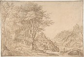 Wooded Landscape with a River, Castle, and Town Beyond, Denijs van Alsloot  Flemish, Pen and brown ink, brush and brown wash, and some yellow, pink, and blue watercolor, over traces of black chalk