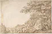 Mountainous Landscape, Denijs van Alsloot (Flemish, 1573–1626), Pen and brown ink, brush and brown wash, with touches of blue, pink, and green watercolor, over traces of black chalk; framing lines in pen and brown ink