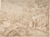 Landscape with Two Pilgrims Walking Along a Road, Pieter Baltens  Netherlandish, Pen and brown ink