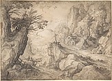 A Mountainous River Landscape with a Hermit and a Chapel, Matthijs Bril the Younger Netherlandish, Pen and brown ink, over black chalk; framing lines in brown ink along upper and right border