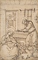 The Childhood of Christ, in the carpenter's shop, Hans Bol Netherlandish, Pen and brown ink, brush and brown wash, heightened with white gouache