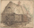 A Farm Building; verso: Head of a Woman and Slight Sketch of Woman Holding a Child, In the manner of Abraham Bloemaert (Netherlandish, Gorinchem 1566–1651 Utrecht), Pen and brown ink, watercolour, over black chalk; framing lines in pen and brown ink; verso: red chalk