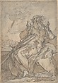 Saint Paul Seated, with his Conversion in the Background; Verso: Figure Sketch, Abraham Bloemaert (Netherlandish, Gorinchem 1566–1651 Utrecht), Black chalk, brush and brown and gray wash, red chalk, heightened with white gouache; incised for transfer (?); framing line in pen and black ink