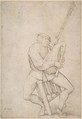 Seated Man, Precariously Balanced, Playing Bagpipes, Anonymous, Netherlandish, 16th century, Pen and brown ink