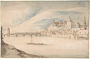 View of Heidelberg, Jan Brueghel the Elder (Netherlandish, Brussels 1568–1625 Antwerp), Pen and brown ink, brush and blue and brown wash, heightened with white; framing lines in pen and brown ink