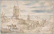 Dutch Landscape with Windmills, Jan Brueghel the Elder (?) Netherlandish, Pen and brown ink, brush and brown, blue, and gray wash; framing lines in black ink