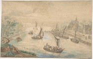 Landscape with River in the Center, with Ferryboat, Anonymous, Flemish, 18th century ? Flemish, Pen, brown ink and watercolor over black chalk. Framing line in pen and brown ink, cut off at either side.