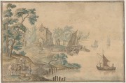 Landscape with Horses and Carts and a River at Right, Anonymous, Flemish, 18th century ? Flemish, Pen, brown ink, and watercolor over black chalk. Double framing line in pen and brown ink with black ink and traces of gilt.